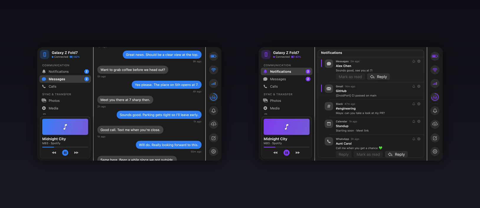 DroidPort showing an Android phone's recent activity and messages on a Mac
