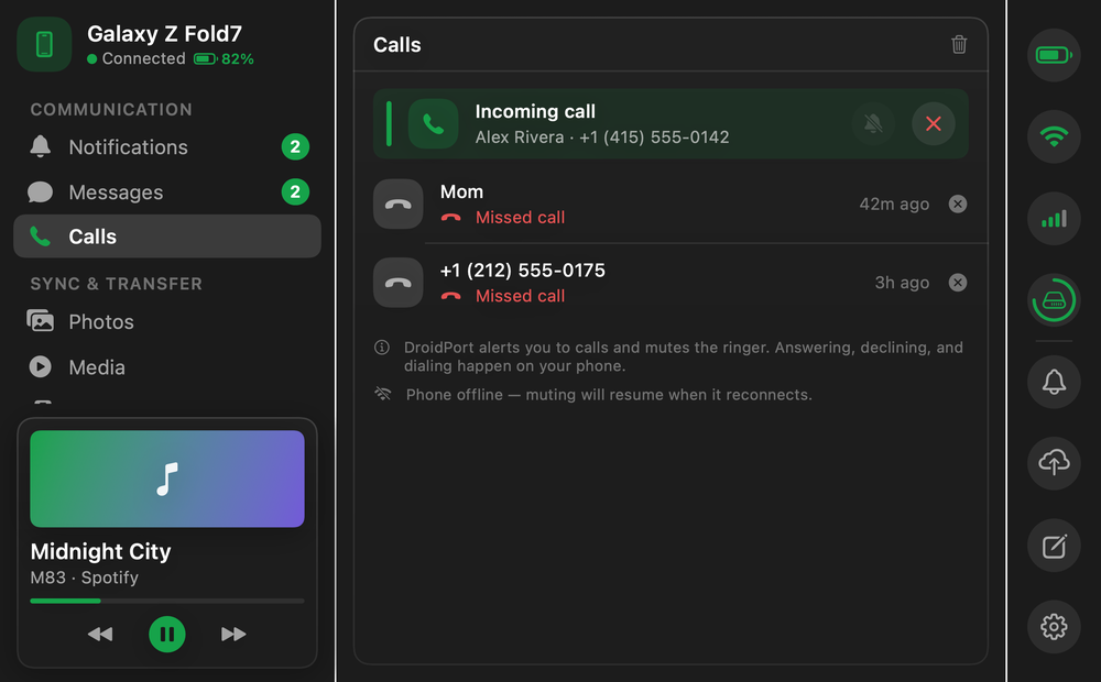 DroidPort Calls: incoming and missed calls on macOS