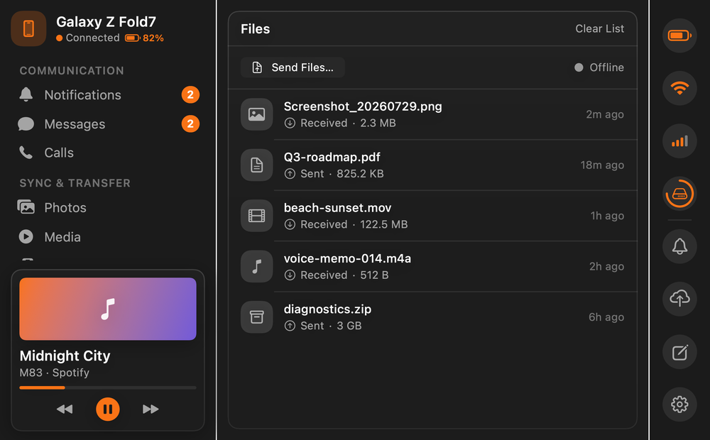 DroidPort Files: send and receive files over local network on macOS