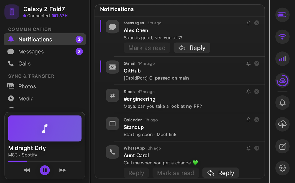 DroidPort Notifications: phone alerts with inline actions on macOS